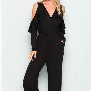 Wide legged, dressy, cold shoulder jumpsuit